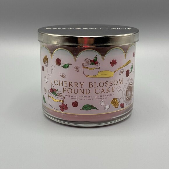 Bath & Body Works 3 Wick Candle CHERRY BLOSSOM POUND CAKE - Picture 1 of 4
